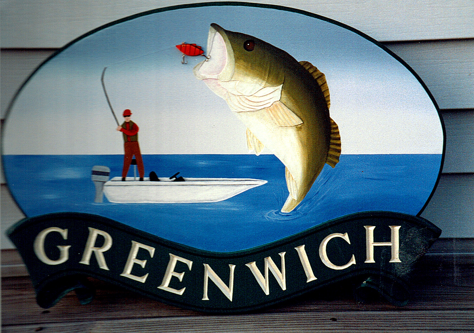 Bass Fishing Sign — Oval Lake Scene